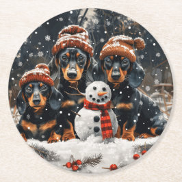 Posavasos Redondo De Papel Feliz Navidad Dachshund Perros Snowman