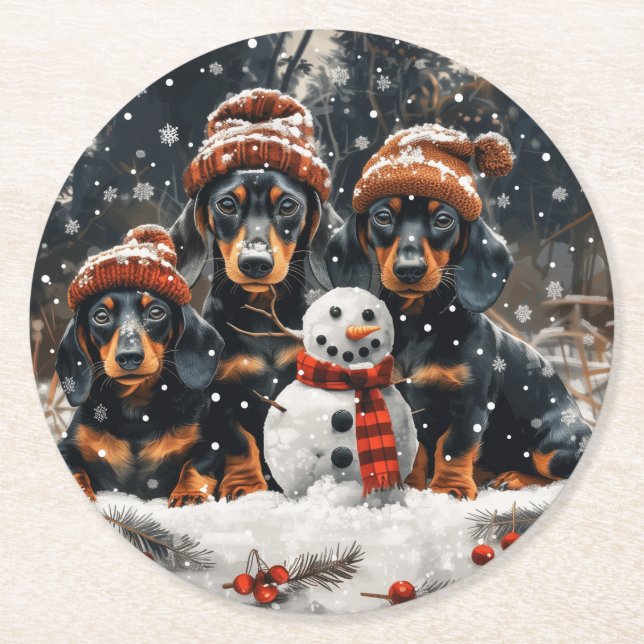Posavasos Redondo De Papel Feliz Navidad Dachshund Perros Snowman (Anverso)