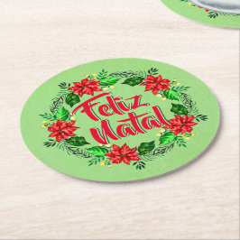 Posavasos Redondo De Papel Feliz Navidad en portugués navideña