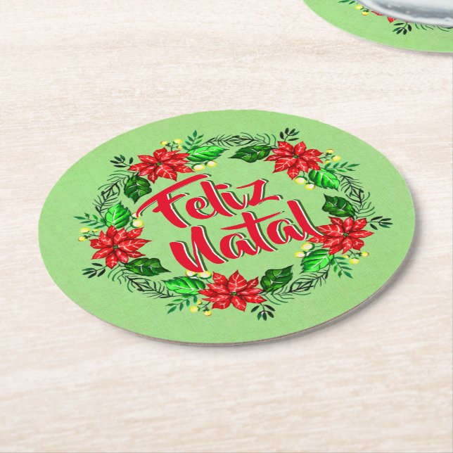 Posavasos Redondo De Papel Feliz Navidad en portugués navideña (En perspectiva)