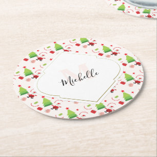 Posavasos Redondo De Papel Feliz Navidad lindo Santa Monograma