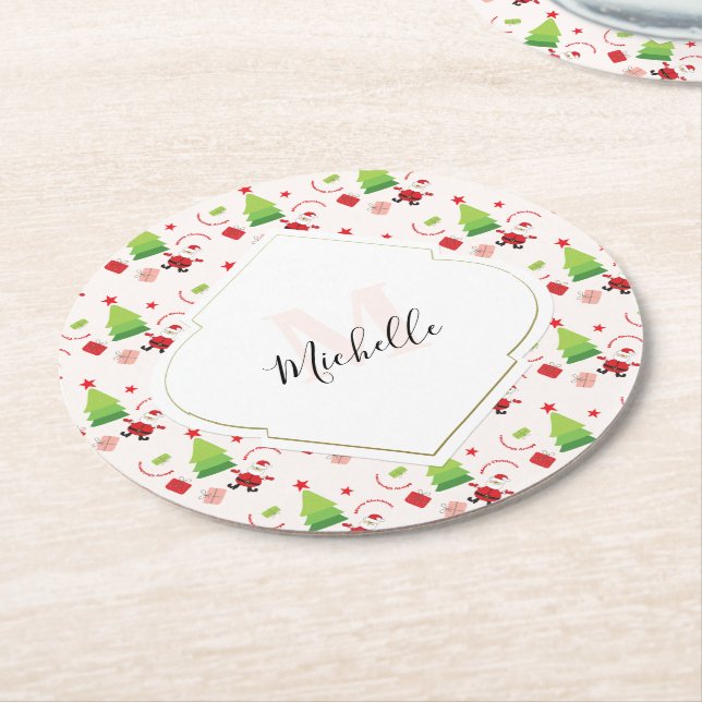 Posavasos Redondo De Papel Feliz Navidad lindo Santa Monograma (En perspectiva)