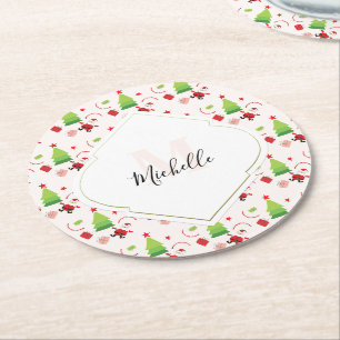Posavasos Redondo De Papel Feliz Navidad Monograma de Santa Lindo