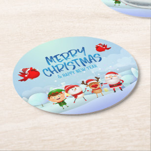 Posavasos Redondo De Papel Feliz Navidad Muñeco de Nieve Santa Claus Rudolph