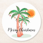 Posavasos Redondo De Papel Feliz Navidad Palm Trees<br><div class="desc">Estas duchas Navidades cuentan con palmeras decoradas con luces y baudibles.
Porque creamos nuestra propia obra de arte no encontrarás esta imagen exacta de otros diseñadores.
Acuarela original © Michele Davies.</div>