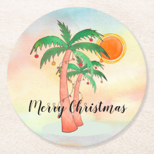 Posavasos Redondo De Papel Feliz Navidad Palm Trees Warwecolor