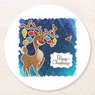 Posavasos Redondo De Papel Feliz Navidad Prancing Reindeer
