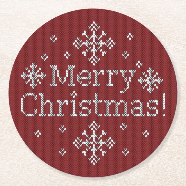 Posavasos Redondo De Papel Feliz Navidad Red & White Faux Knit (Anverso)