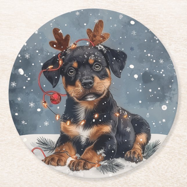 Posavasos Redondo De Papel Feliz Navidad Rottweiler Perro Reno (Anverso)