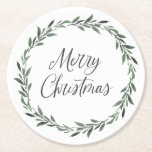Posavasos Redondo De Papel Feliz Navidad Sencillo y Rústico Vegetación de acu<br><div class="desc">Hermosa,  simple,  rústica etiqueta de la Navidad de Cerezo con una tostadora de flores verde.</div>