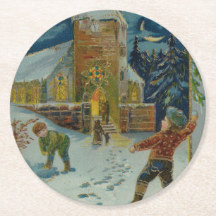 Posavasos Redondo De Papel Feliz Navidad - Tarjeta postal vintage de pelea de