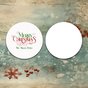 Posavasos Redondo De Papel Feliz Navidad Verde Rojo Festividad Típografía Ret