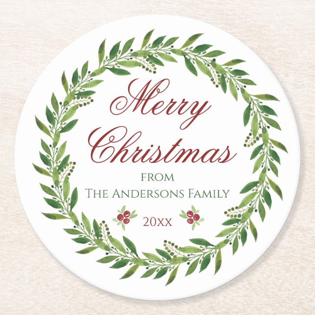 Posavasos Redondo De Papel Feliz Navidad Wreath Family (Anverso)