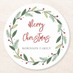 Posavasos Redondo De Papel Feliz Navidad Wreath Festividad familiar manuscrit