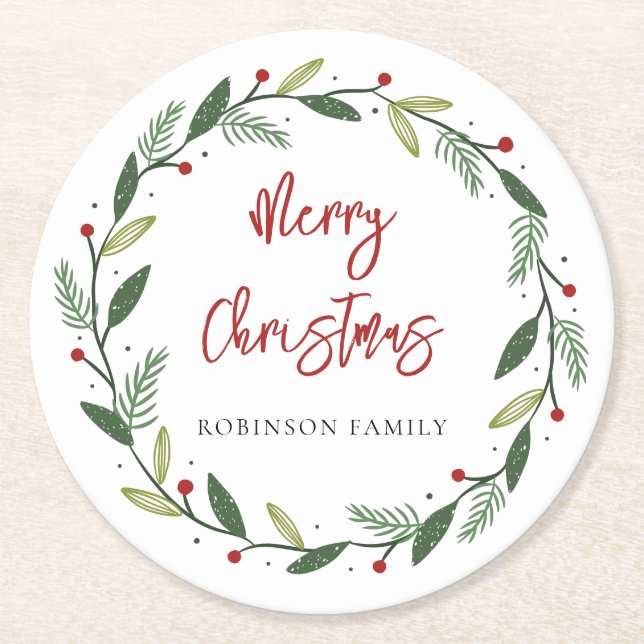 Posavasos Redondo De Papel Feliz Navidad Wreath Festividad familiar manuscrit (Anverso)