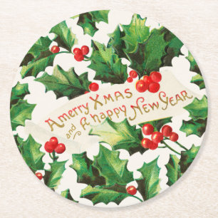 Posavasos Redondo De Papel Feliz Navidad y Feliz Año Nuevo Holly