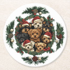 Posavasos Redondo De Papel Feliz Navidad Yorkshire Terrier Dogs