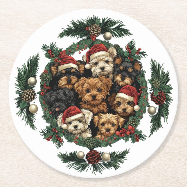 Posavasos Redondo De Papel Feliz Navidad Yorkshire Terrier Dogs (Anverso)