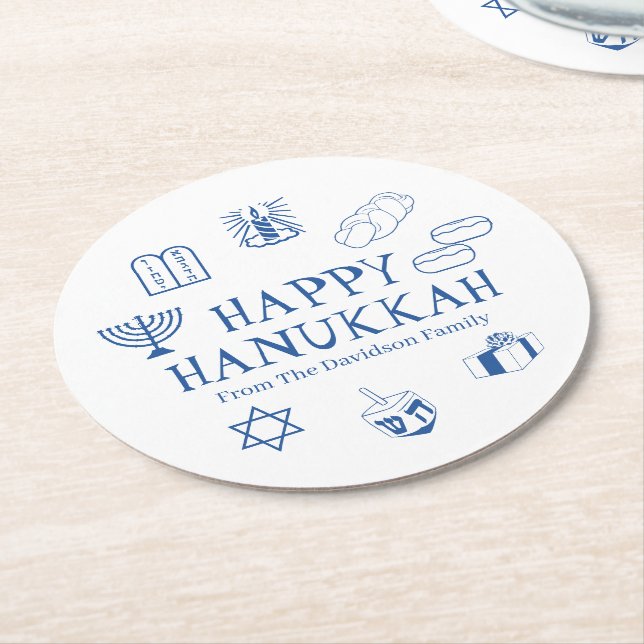 Posavasos Redondo De Papel Feliz nombre de familia de Hanukkah azul personali (En perspectiva)