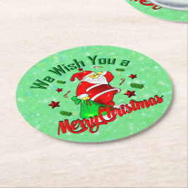 Posavasos Redondo De Papel Feliz Papá Noel de Navidad con Caña de Piedras Neg