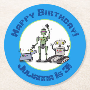 Posavasos Redondo De Papel Feliz personalizado de trío de robots lindos