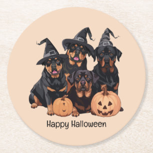 Posavasos Redondo De Papel Feliz Rottweiler de Halloween perros Jack O Lanter