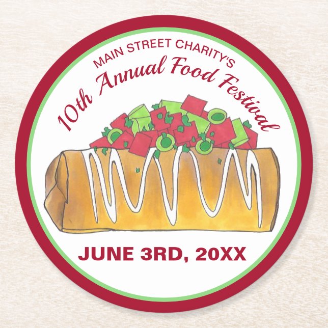 Posavasos Redondo De Papel Festival mexicano de Tex Mex Food Chimichanga (Anverso)