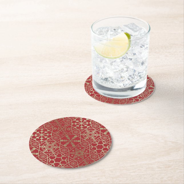 Posavasos Redondo De Papel Festividad de invierno rojo dorado con copas de ni (In situ)