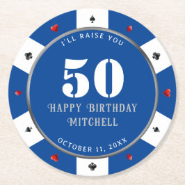 Posavasos Redondo De Papel Ficha de póquer Cumpleaños 50 Azul