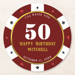 Posavasos Redondo De Papel Ficha de póquer Cumpleaños 50 Rojo