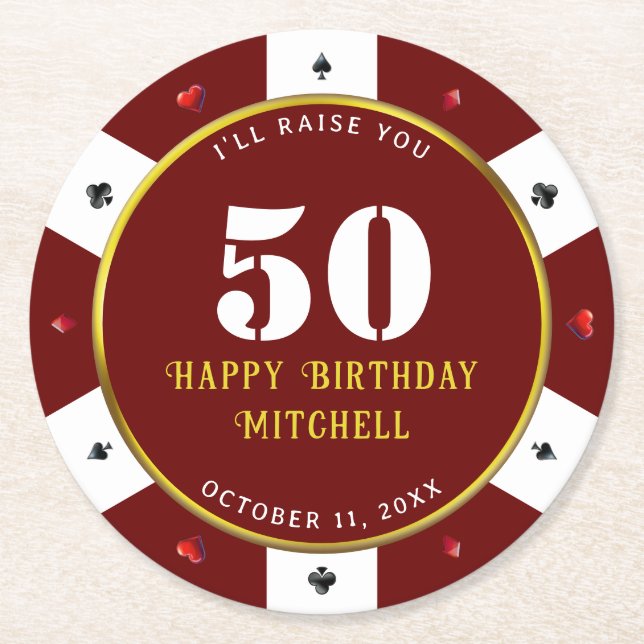 Posavasos Redondo De Papel Ficha de póquer Cumpleaños 50 Rojo (Anverso)
