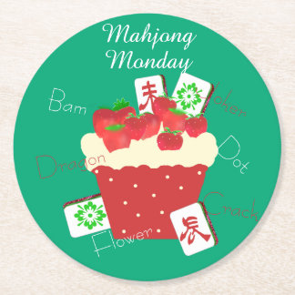 Posavasos Redondo De Papel Fichas de Mahjong y Cupcake de Fresa