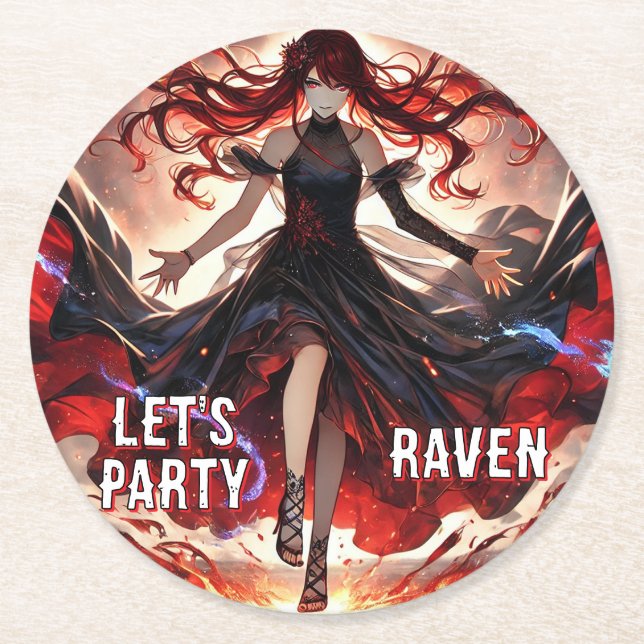 Posavasos Redondo De Papel Fiery Raven Gothic Anime Girl Party Design (Anverso)