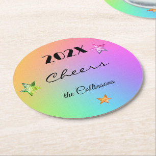 Posavasos Redondo De Papel Fiesta de Año Nuevo gradiente arcoiris