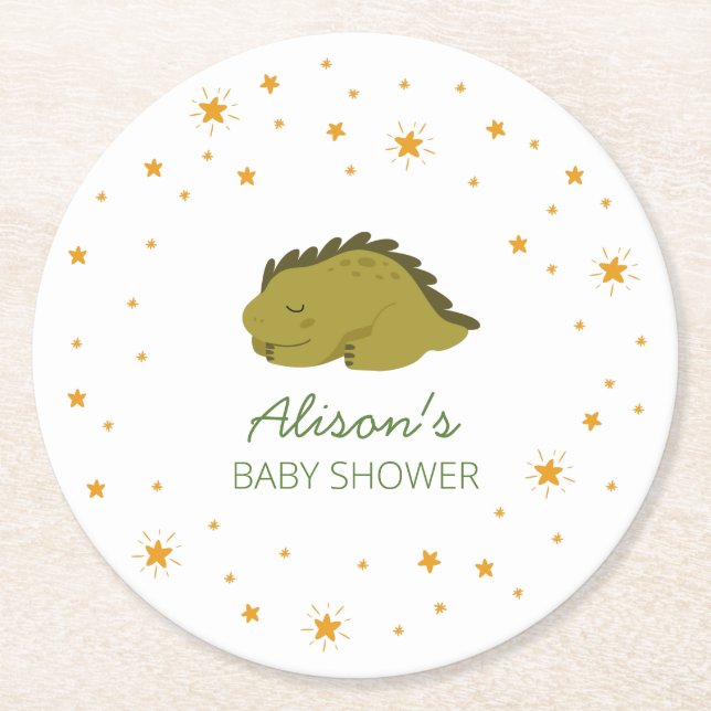 Posavasos Redondo De Papel Fiesta de Baby Shower Green Dinosaur Twinkle Star (Anverso)