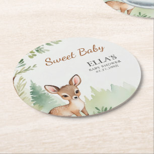 Posavasos Redondo De Papel Fiesta de Baby Shower Neutral Bosque Ciervo Forest