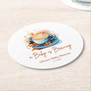 Posavasos Redondo De Papel Fiesta de Bebé: Café Floral Azul Un Bebé se está P