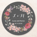 Posavasos Redondo De Papel Fiesta de Boda en Monograma de Flora Gris Vintage<br><div class="desc">Vintage y rústico costra de flores personalizadas para su boda, fiesta de cena de compromiso, ducha de novia o cualquier celebración especial. Decorado con acuarela de flores y hojas. Celebra los hermosos colores de la temporada de primavera. Personalizar la redacción para cualquier cosa. También puede personalizar el color de fondo...</div>