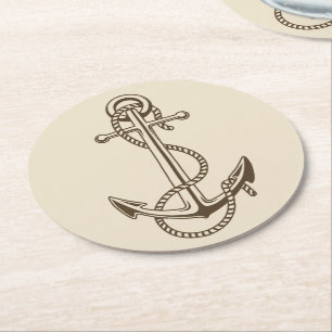 Posavasos Redondo De Papel Fiesta de boda marrón ancla de barco náutico