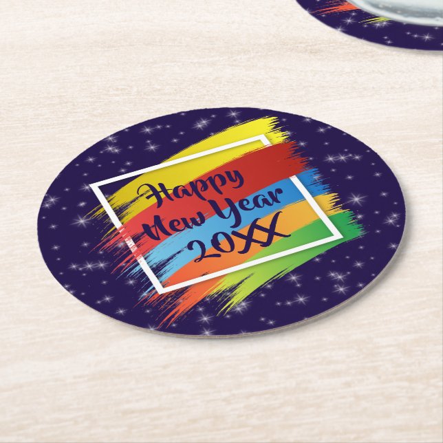 Posavasos Redondo De Papel Fiesta de Brush Strokes Happy New Year 20xx (En perspectiva)