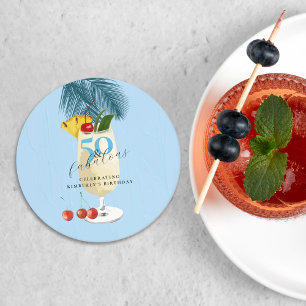 Posavasos Redondo De Papel Fiesta de cumpleaños 50 con cóctel de cereza y Piñ