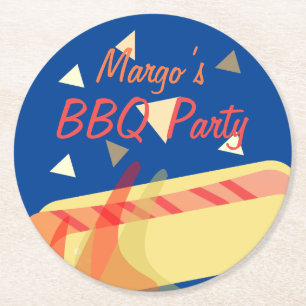 Posavasos Redondo De Papel Fiesta de Cumpleaños BBQ Parrillada de Hotdog Azul