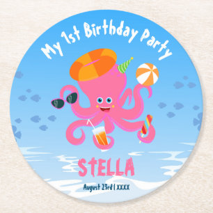 Posavasos Redondo De Papel Fiesta de cumpleaños de niña bebé de verano pulpo 