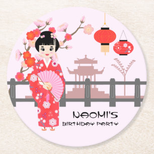 Posavasos Redondo De Papel Fiesta de cumpleaños del Chica japonés Sakura Cher
