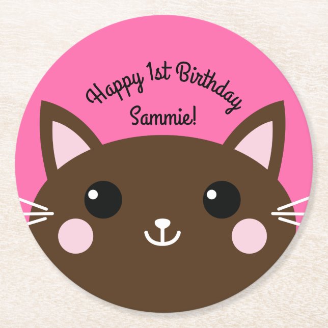 Posavasos Redondo De Papel Fiesta de cumpleaños del gato (Anverso)