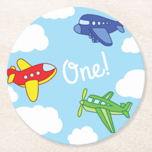 Posavasos Redondo De Papel Fiesta de cumpleaños linda de los aeroplanos y de