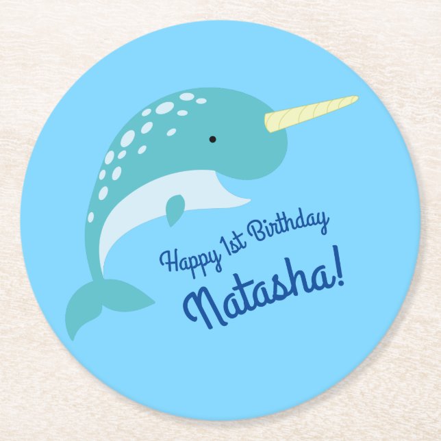 Posavasos Redondo De Papel Fiesta de cumpleaños Narwhal (Anverso)