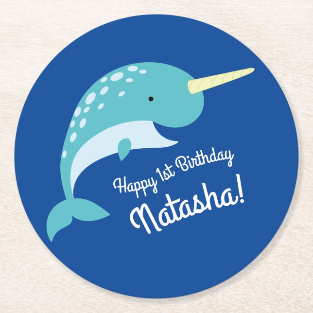 Posavasos Redondo De Papel Fiesta de cumpleaños Narwhal (Anverso)