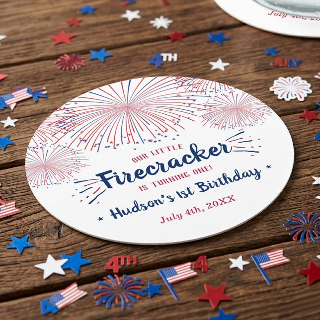 Posavasos Redondo De Papel Fiesta de cumpleaños número 1 Little Firecracker 4 (Subido por el creador)