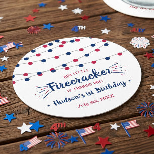 Posavasos Redondo De Papel Fiesta de cumpleaños número 1 Little Firecracker 4